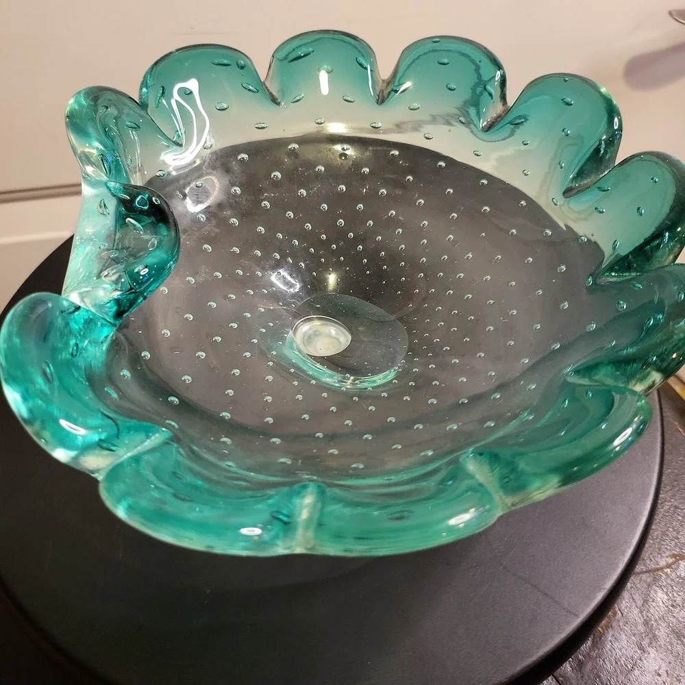 Murano Controlled Bubble Mint Green Heavy Assymetric Bowl w/ Scalloped E…